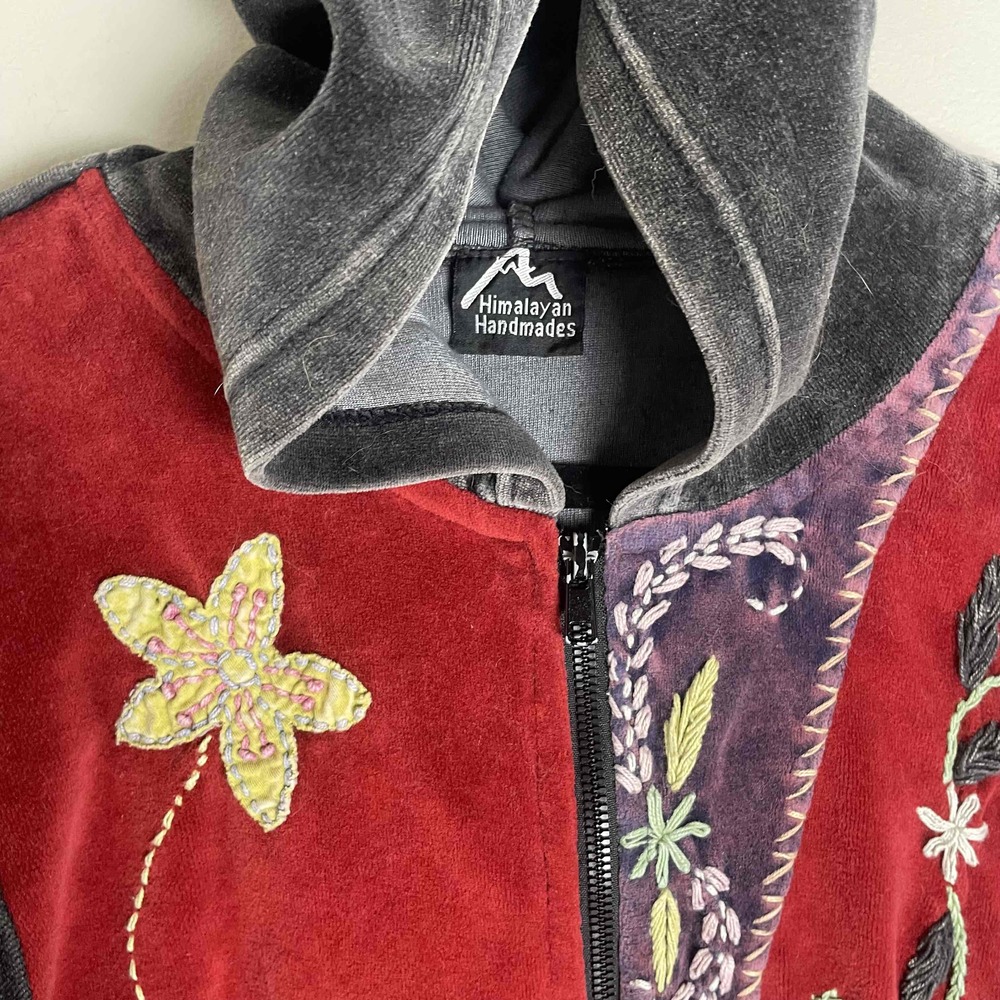 Himalayan Handmade Womens Velour Grandma Core Patchwork Floral Hooded Jacket M - Picture 4 of 10